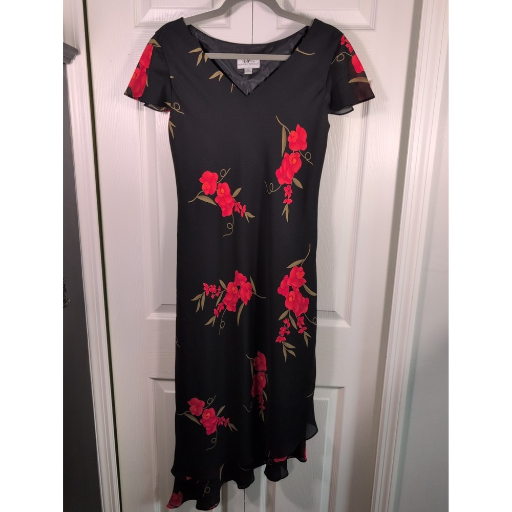 Vintage 90's Donna Ricco Black & Red Floral Sleeveless Maxi Slip Dress Size 8